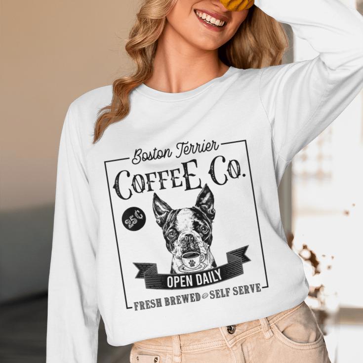 Retro Boston Terrier Coffee Dog Mom Coffee Lover Women Long Sleeve T-Shirt, novelty gifts, funny gifts