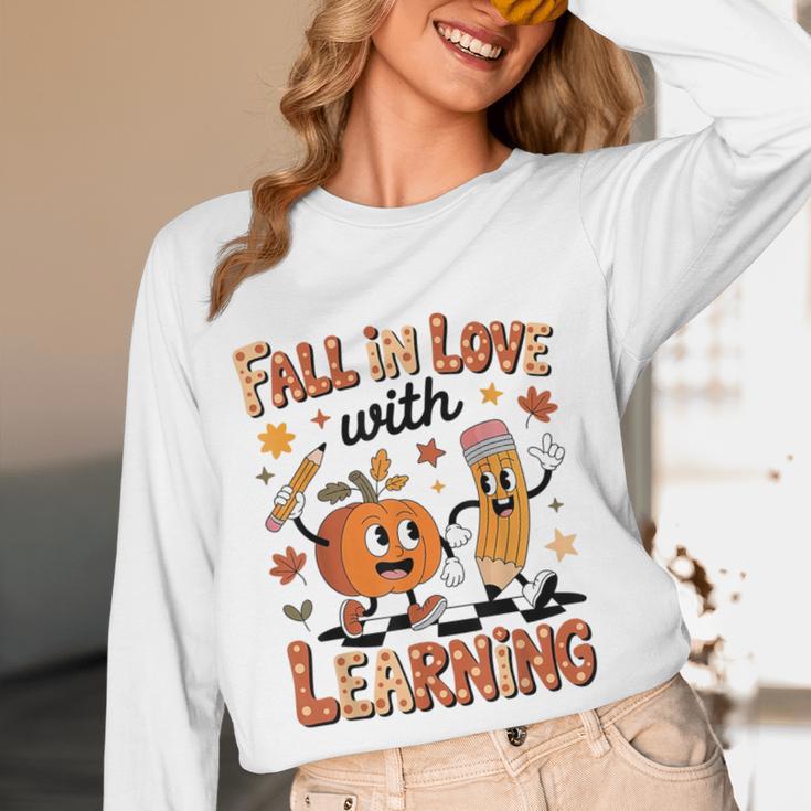 Retro Fall In Love With Learning Autumn Pumpkin Teacher Kids Women Long Sleeve T-Shirt, novelty gifts, funny gifts