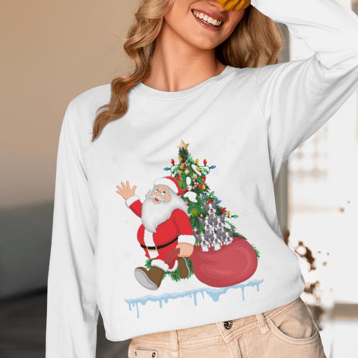 Santa Ugly Christmas Tree Lights Boston Terrier Dog Lover Women Long Sleeve T-Shirt, novelty gifts, funny gifts