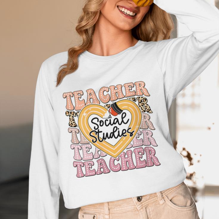 Social Studies Teacher Pencil Heart Leopard Back To School Women Long Sleeve T-Shirt, novelty gifts, funny gifts