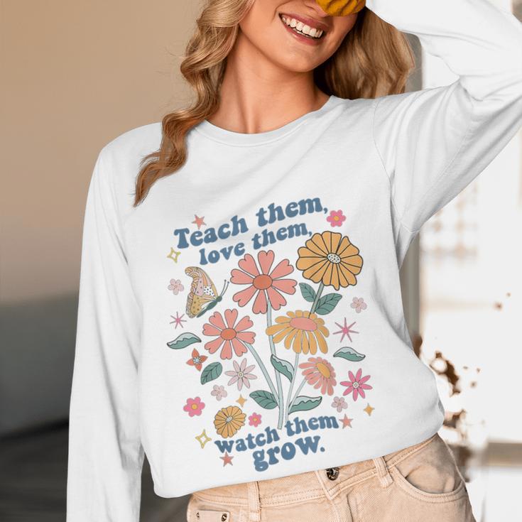 Teach Them Love Them Watch Them Grow Retro Teacher Floral Women Long Sleeve T-Shirt, novelty gifts, funny gifts