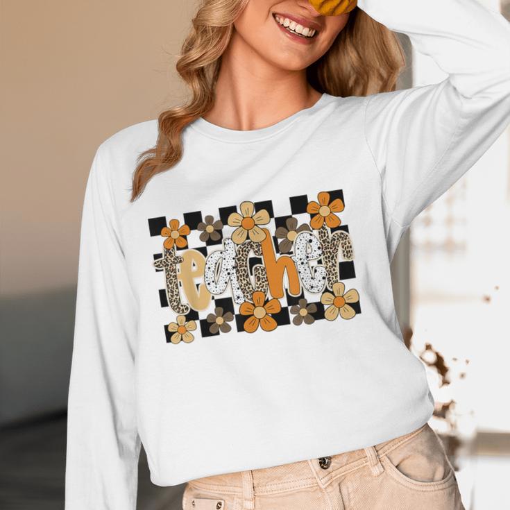 Teacher Appreciation Boho Floral Leopard Checkered Women Long Sleeve T-Shirt, novelty gifts, funny gifts