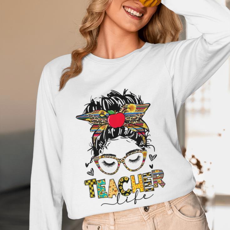 Teacher Life Messy Bun Glasses Leopard Sunflower Women Long Sleeve T-Shirt, novelty gifts, funny gifts