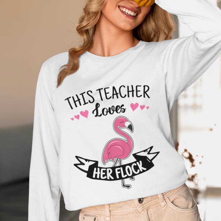 This Teacher Loves Her Flock Cute Flamingo Teacher Women Long Sleeve T-Shirt, novelty gifts, funny gifts