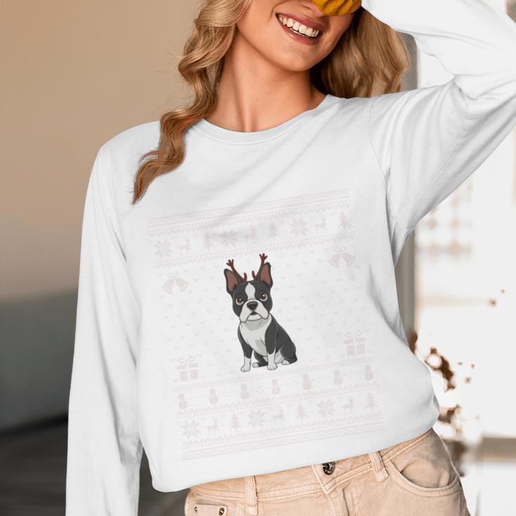 Ugly Xmas Sweater Style Boston Terrier Reindeer Christmas Women Long Sleeve T-Shirt, novelty gifts, funny gifts