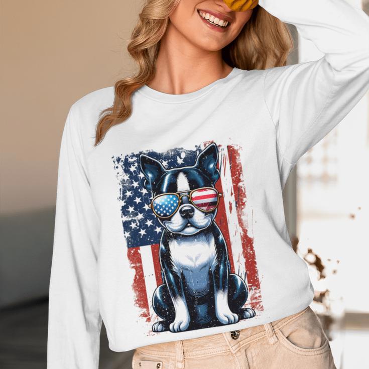 Vintage Boston Terrier Dog American USA US Flag Pets Lovers Women Long Sleeve T-Shirt, novelty gifts, funny gifts