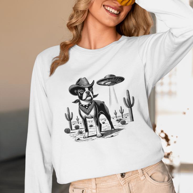 Vintage Boston Terrier UFO Western Wild West Dog Mom Dad Women Long Sleeve T-Shirt, novelty gifts, funny gifts