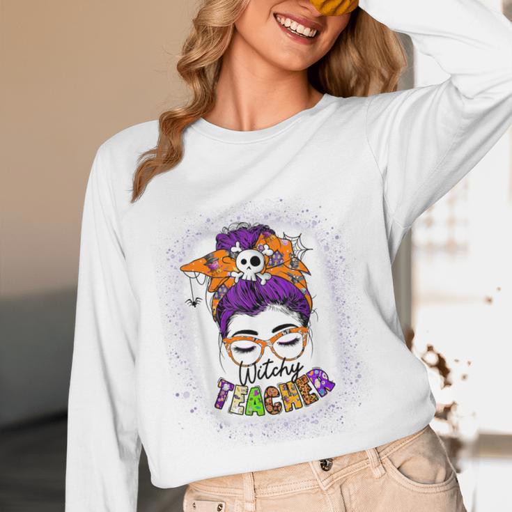 Witchy Teacher Halloween Messy Bun Teacher Bleached Women Long Sleeve T-Shirt, novelty gifts, funny gifts Witchy Teacher Halloween Messy Bun Teacher Bleached Women Long Sleeve T-Shirt, novelty gifts, funny gifts