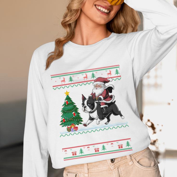 Xmas Tree Lighting Santa Riding Boston Terrier Christmas Women Long Sleeve T-Shirt, novelty gifts, funny gifts