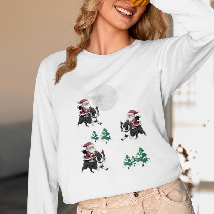 Xmas Tree Santa Riding Boston Terrier Christmas Women Long Sleeve T-Shirt, novelty gifts, funny gifts