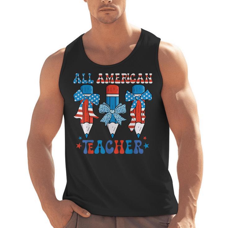 All American Teacher Pencil Coquette Bow USA Flag Teachers Men Tank Top