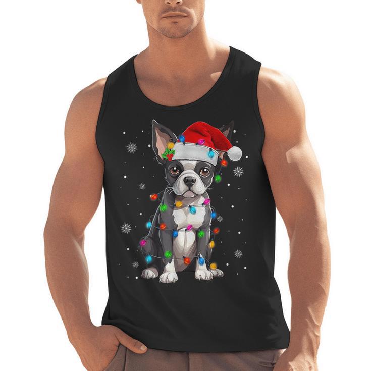 Boston Terrier Christmas Santa Hat Tree Lights Pajama Men Tank Top, Boston Terrier Christmas Gifts, trending gift