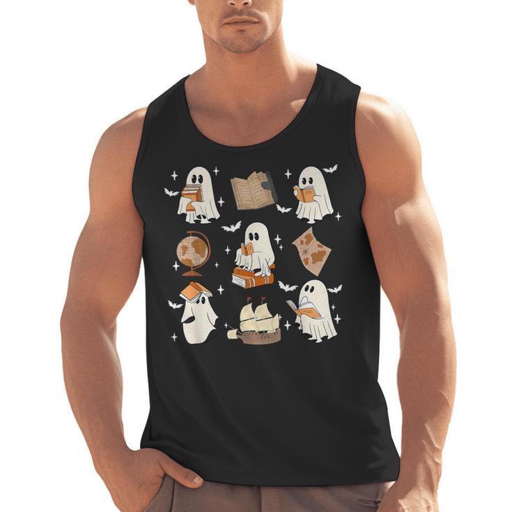 Cute Ghosts Reading Book Bookworm Halloween History Teacher Men Tank Top
