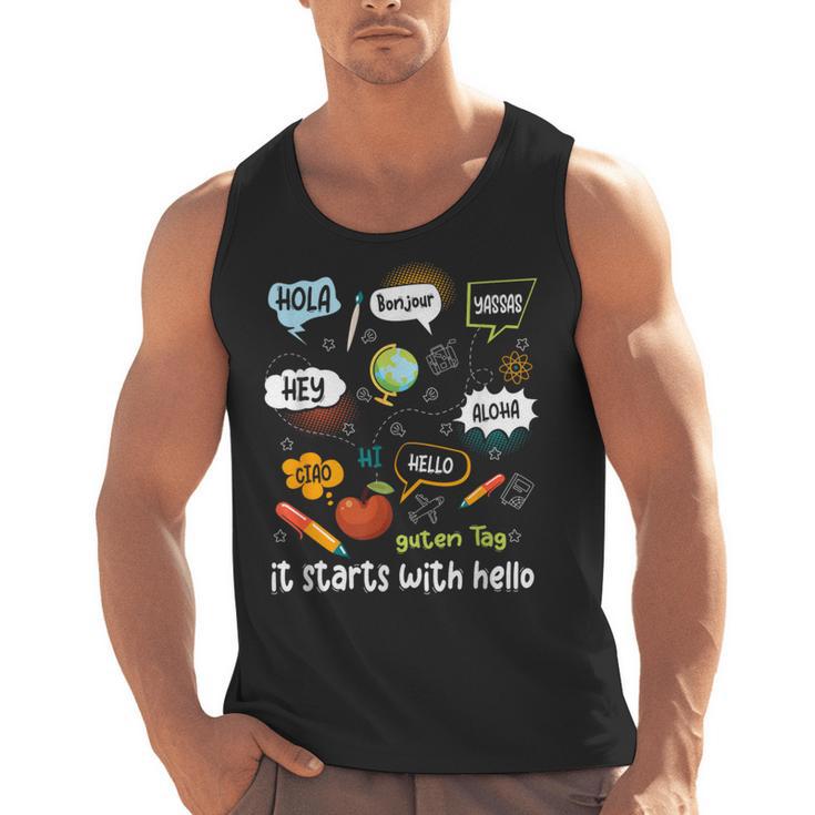 Friendship Inclusion Language Teacher It Starts With Hello Men Tank Top
