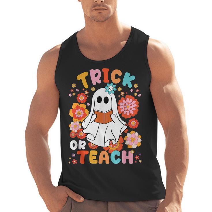 Groovy Halloween Trick Or Teach Retro Floral Ghost Teacher For Men Women Kids Men Tank Top