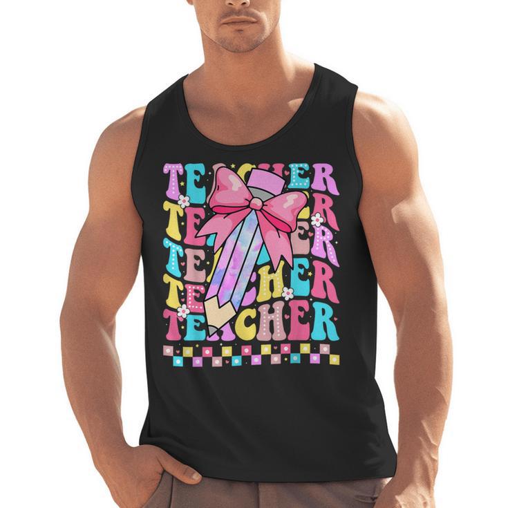 Groovy Teacher Cute Coquette Bow Flower Retro Back To School Men Tank Top