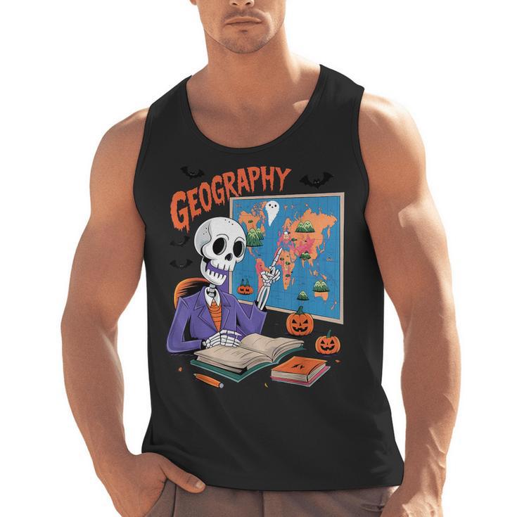 Halloween Skeleton Geography Teacher Pumpkin Bats Classroom Men Tank Top