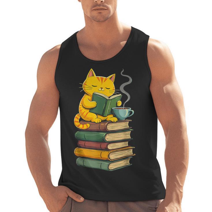 Kawaii Cats Lover Coffee Books Teacher Librarian Cat Men Tank Top