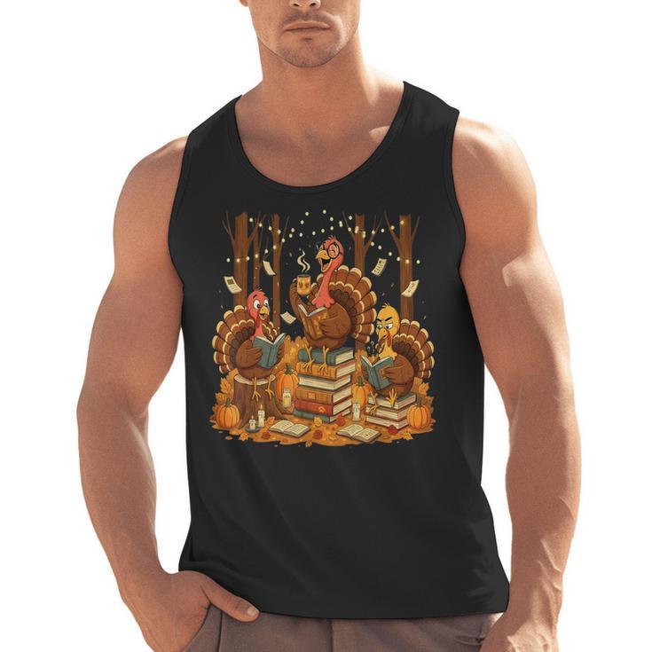 Librarian Turkey Reading Book Fall Thanksgiving Teacher Men Tank Top