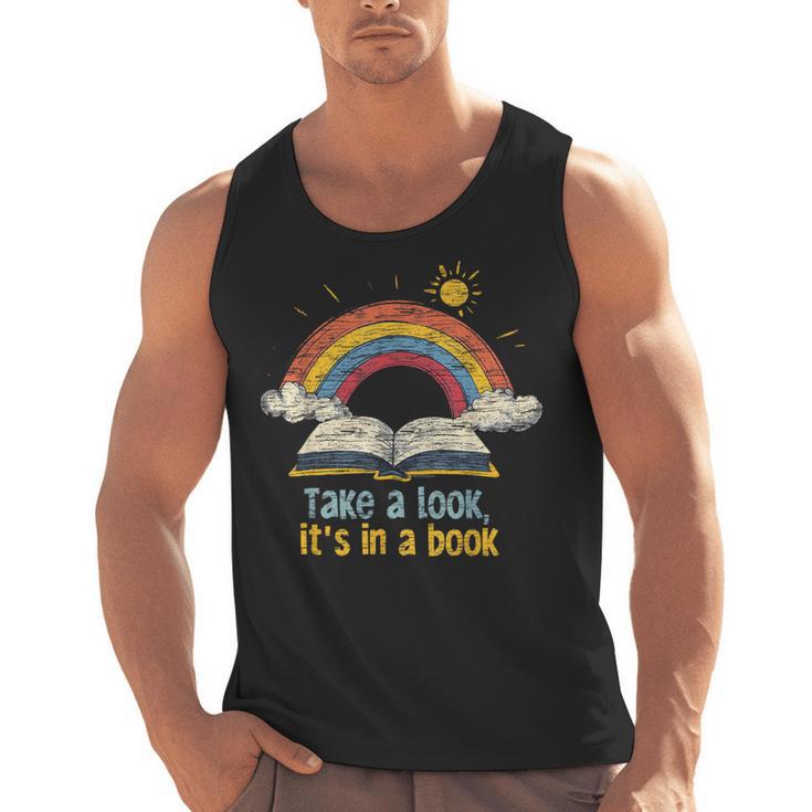 Take a Look It's In a Book Vintage Reading Teacher Rainbow Men Tank Top