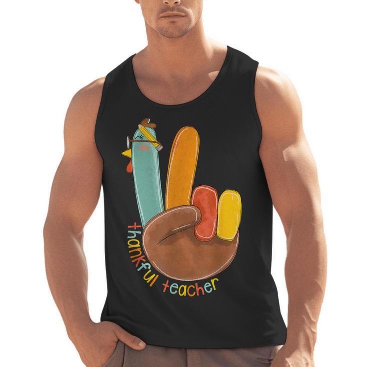 One Thankful Teacher Thanksgiving Turkey Peace Hand Sign Men Tank Top