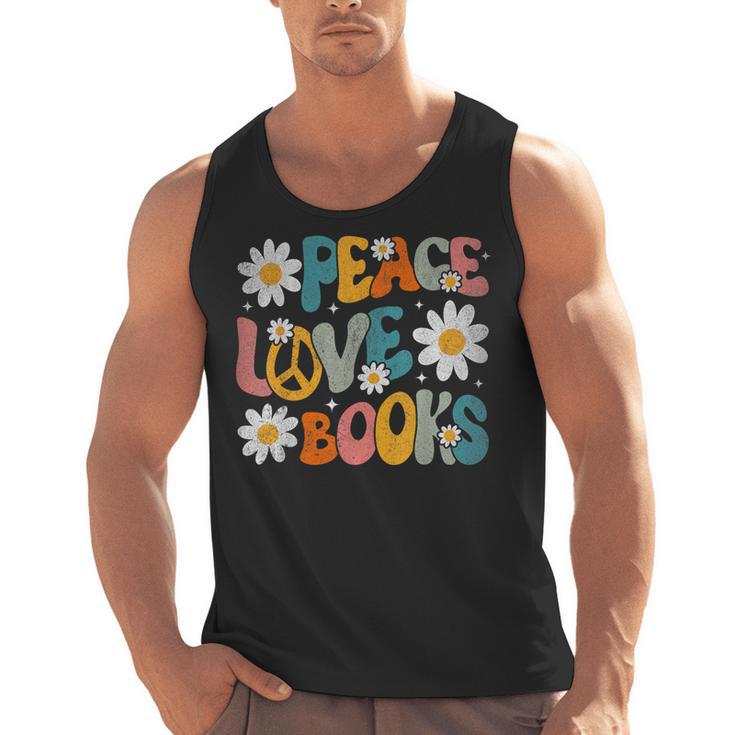 Peace Love Books Bookworm Librarian Reading Teacher Groovy Men Tank Top