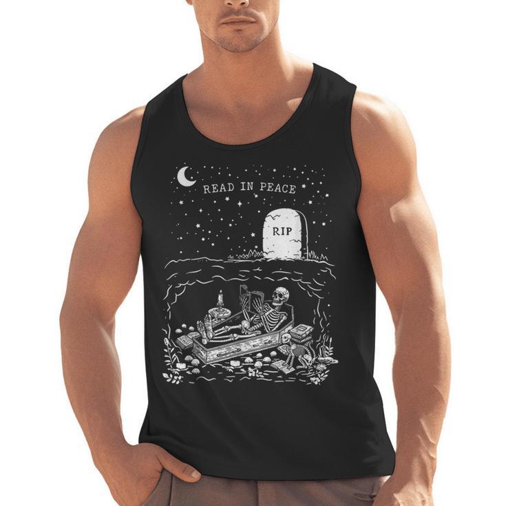 Read In Peace Skeleton Halloween Book Reading Spooky Teacher Men Tank Top