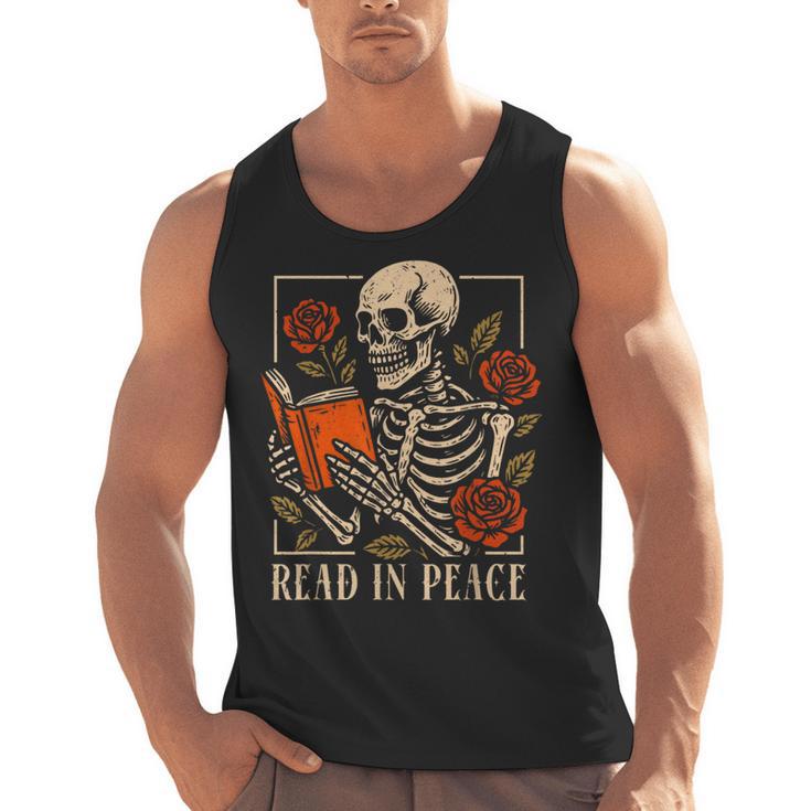 Read In Peace Skeleton Reading Book Halloween Teacher Men Tank Top