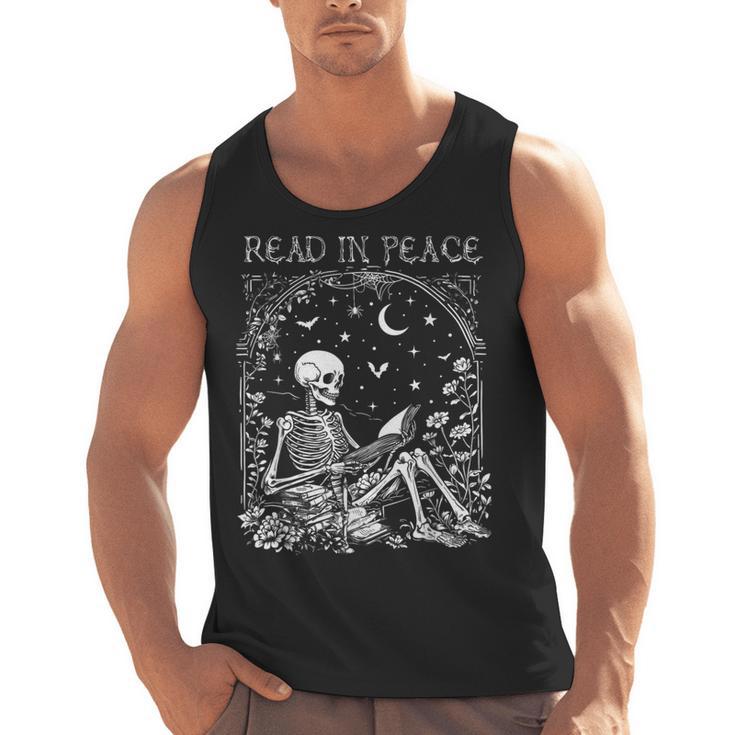 Read In Peace Skeleton Reading Teacher Spooky Halloween Men Tank Top