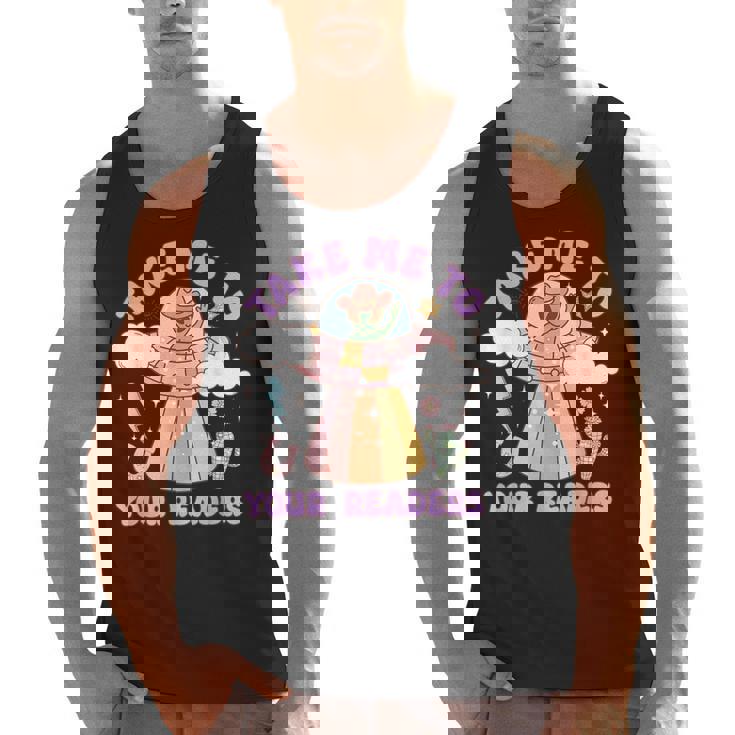 Take Me To Your Readers Alien Teacher Halloween Literacy Men Tank Top