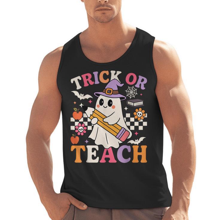 Retro Floral Ghost Trick Or Teach Groovy Teacher Halloween Men Tank Top