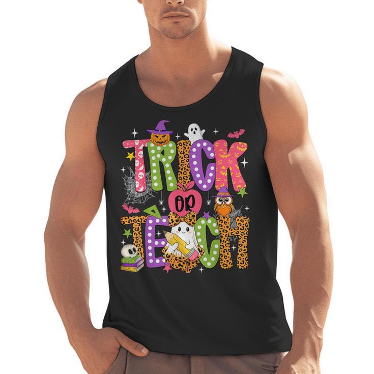 Retro Trick Or Teach Leopard Ghost Halloween Spooky Teacher Men Tank Top