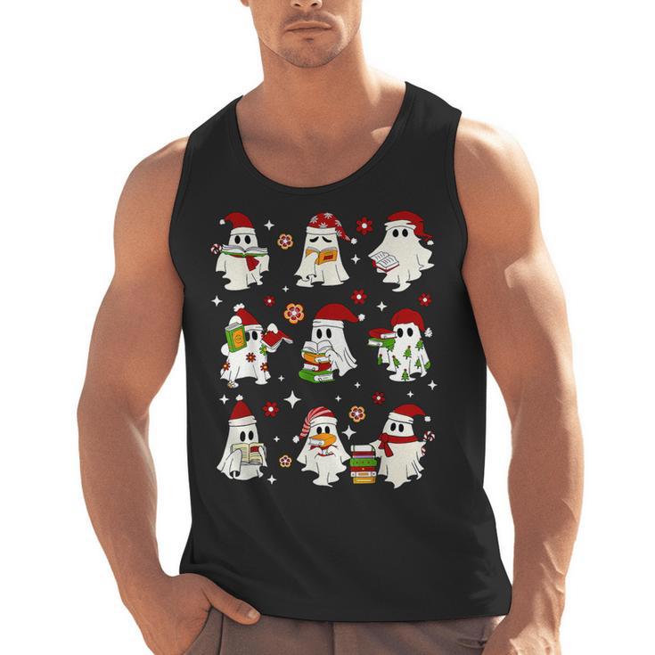 Santa Ghost Reading Books Christmas Library Teacher Men Tank Top