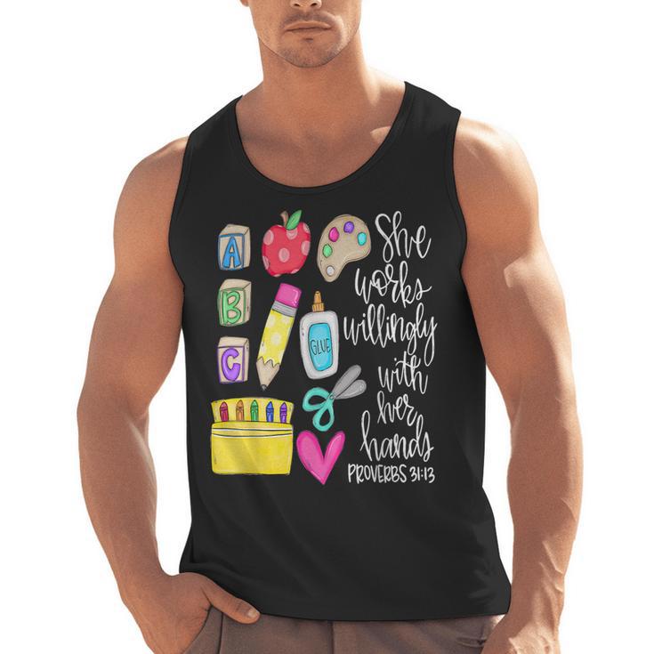 She Works Willingly With Her Hands Proverbs Daycare Teacher Men Women Men Tank Top