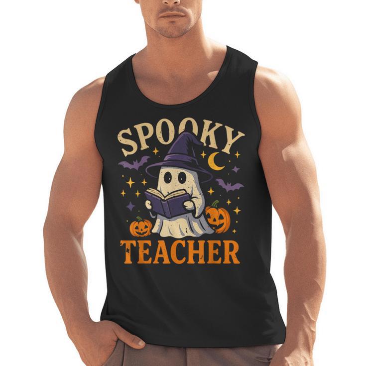 Spooky Teacher Halloween Cute Ghost Pumpkin Reading Women Men Tank Top