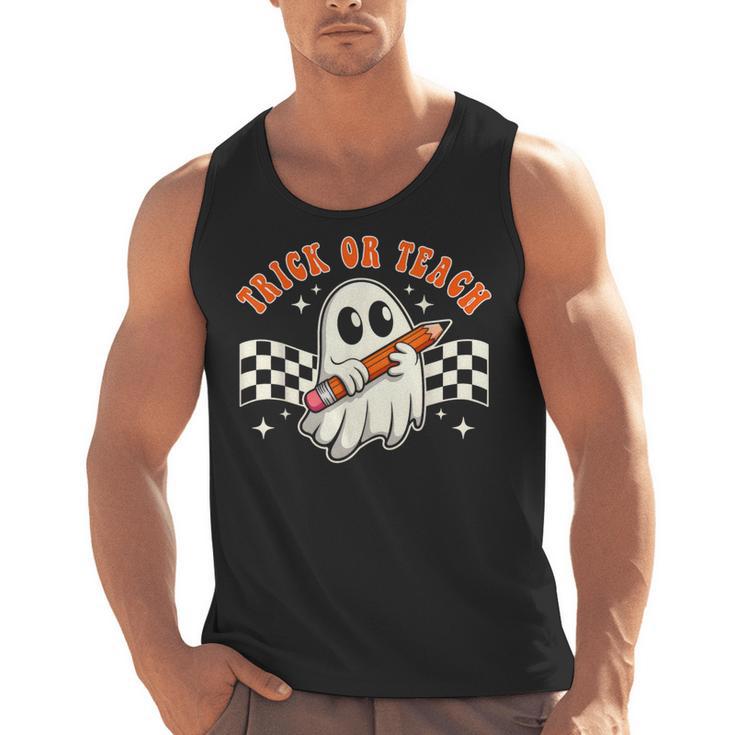 Trick Or Teach Groovy Retro Ghost Halloween Teacher Kids Men Tank Top