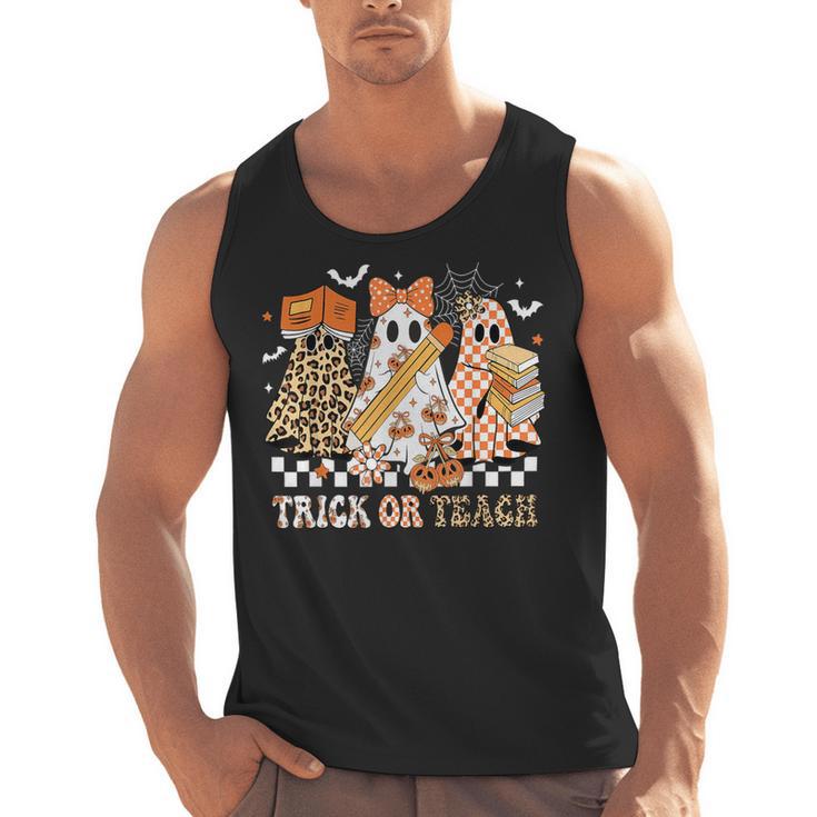Trick Or Teach Groovy Teacher Halloween Floral Ghost Men Tank Top
