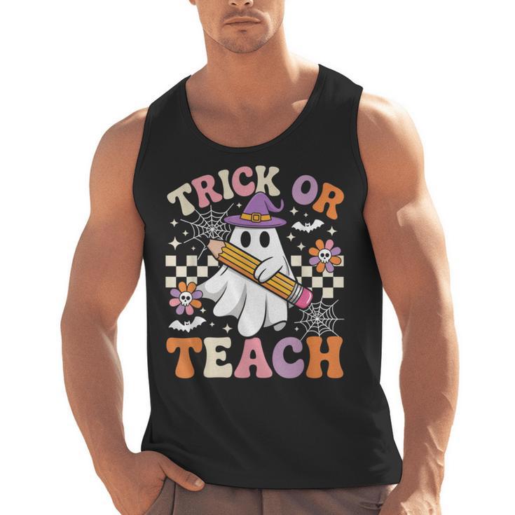 Trick Or Teach Groovy Teacher Halloween Retro Ghost Men Tank Top