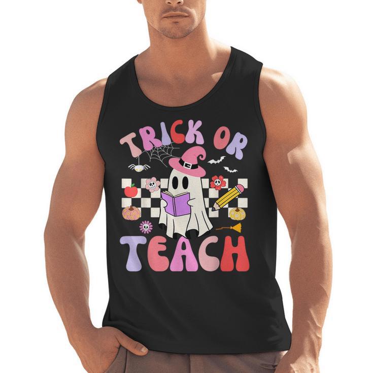 Trick Or Teach Halloween Teacher Floral Ghost Groovy Men Tank Top