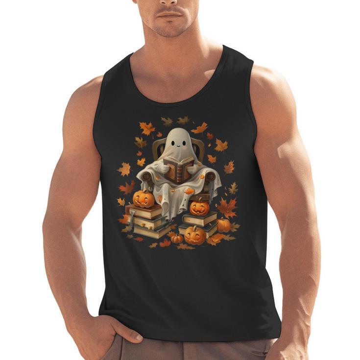 Vintage Ghost Book Reading Pumpkin Gothic Halloween Teachers Men Women Kids Men Tank Top