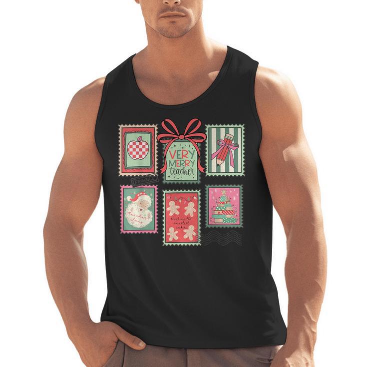 Vintage Preppy Very Merry Teacher Santa Stamps Christmas Men Tank Top