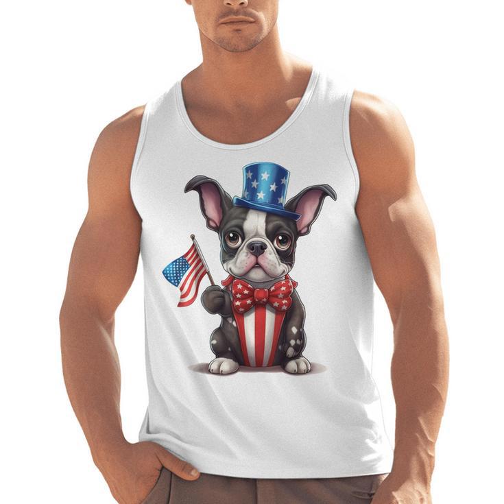 Boston Terrier Puppy Dog Holds His American Flag 4th Of July Men Tank Top, American Boston Terrier Gifts, Boston Terrier 4th Of July Gifts, trending gift