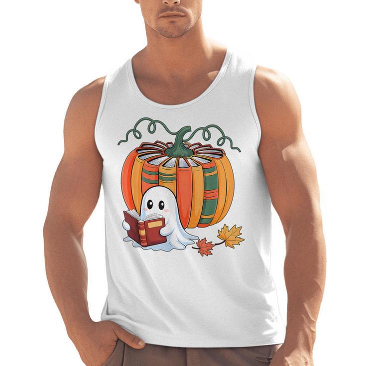 Fall Book Pumpkin Books Ghost Reading Halloween Teacher Men Tank Top