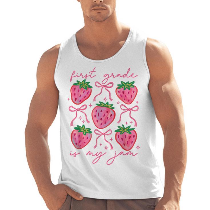 First Grade Is My Jam Strawberry First Grade Teacher Women Men Tank Top