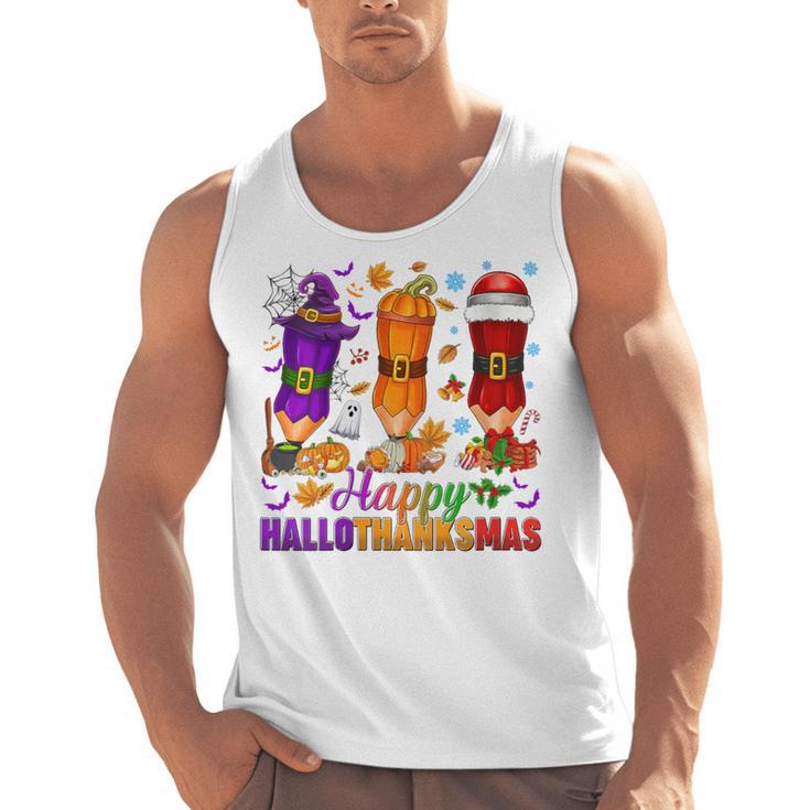 Happy Hallothanksmas Halloween Thanksgiving Pencils Teachers Men Tank Top