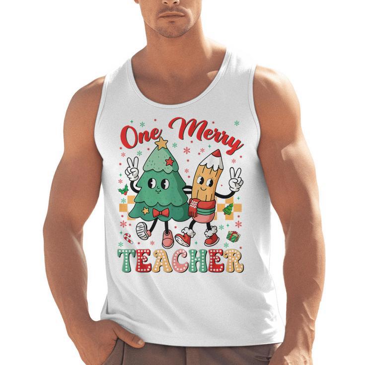 One Merry Teacher Groovy Christmas Tree Pjs Xmas Teacher Men Tank Top