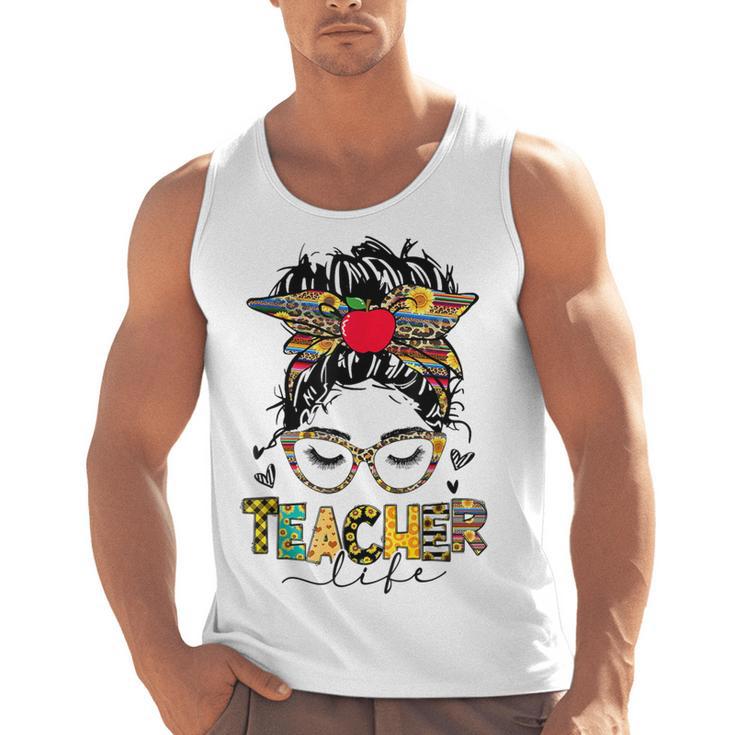 Teacher Life Messy Bun Glasses Leopard Sunflower Men Tank Top
