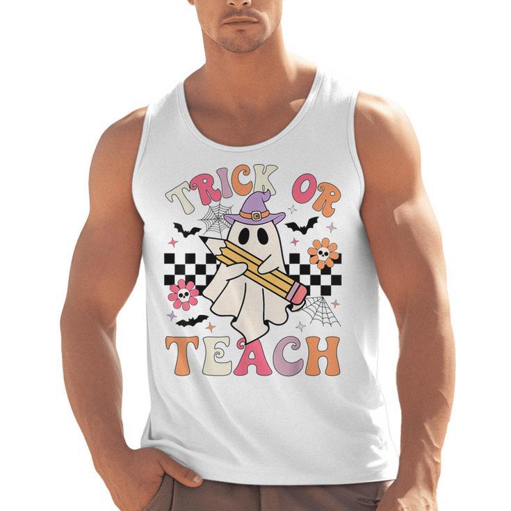 Trick Or Teach Groovy Teacher Halloween Retro Floral Ghost Men Tank Top
