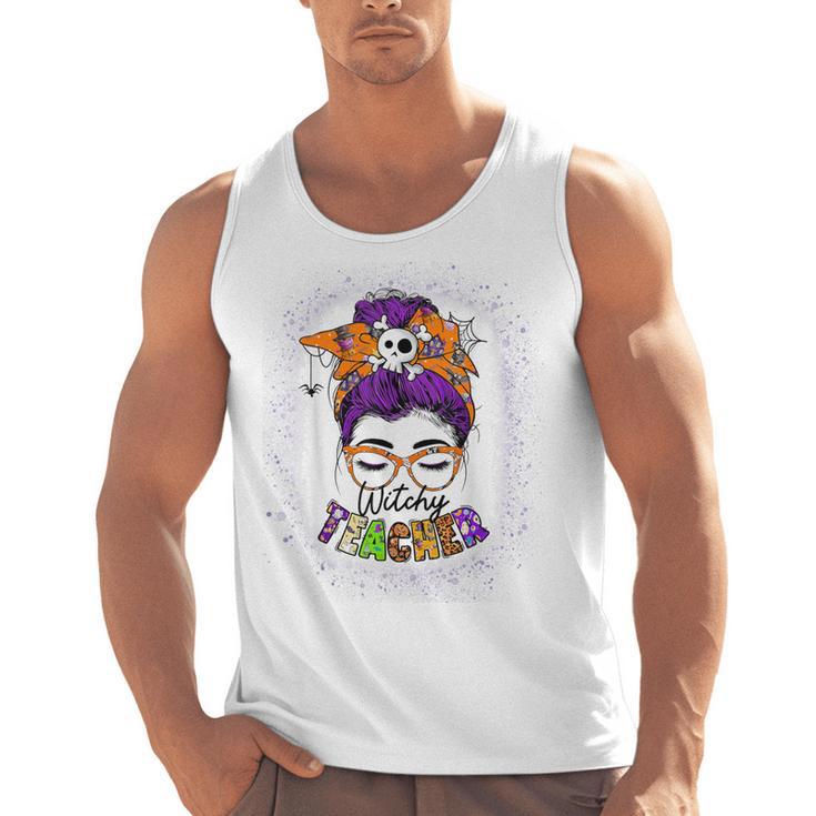 Witchy Teacher Halloween Messy Bun Teacher Bleached Men Tank Top