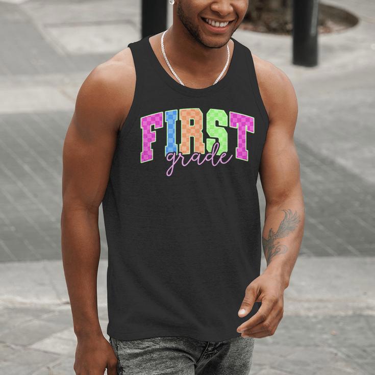 Back To School Neon Checkered First Grade Colorful Teacher Men Tank Top, First Grade Teacher Tank Tops, funny gift